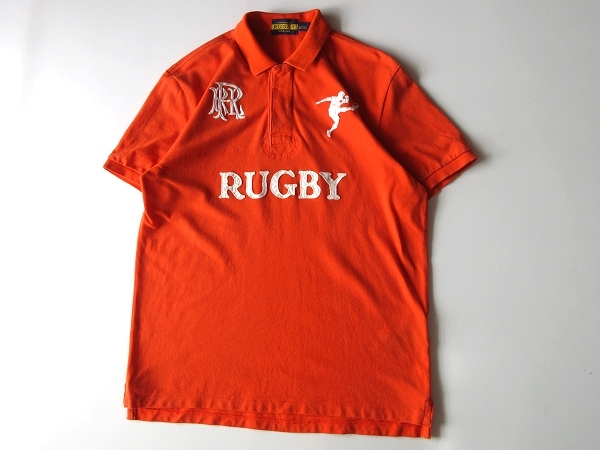 希少 廃盤ライン RALPH LAUREN RUGBY ラルフローレン ラグビー ロゴ刺繍/ワッペン 鹿の子 半袖 ラガーシャツ ポロシャツ L オレンジ