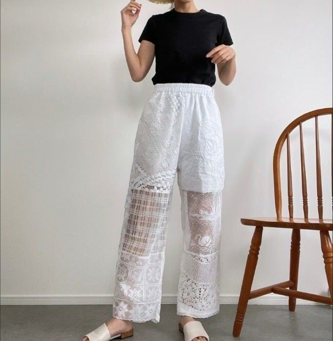 リメイク レース クロス パンツ ヴィンテージパッチワーク刺繍 リメイク レース クロス パンツ ヴィンテージパッチワーク刺繍