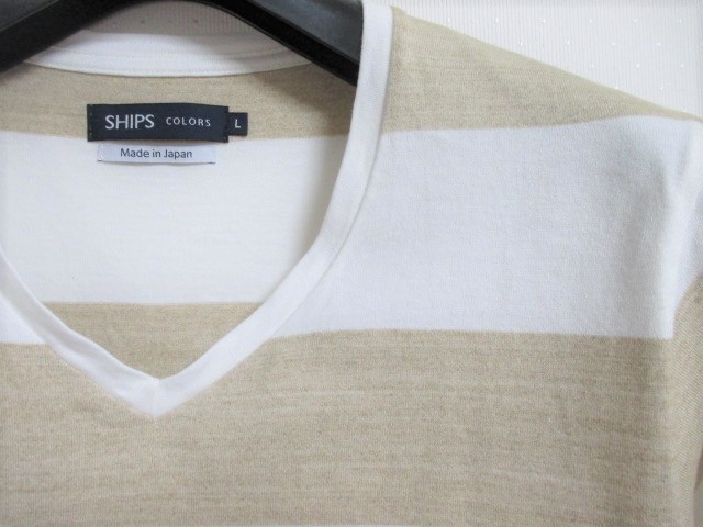 *SHIPS Ships border pattern V neck T-shirt /L* white 