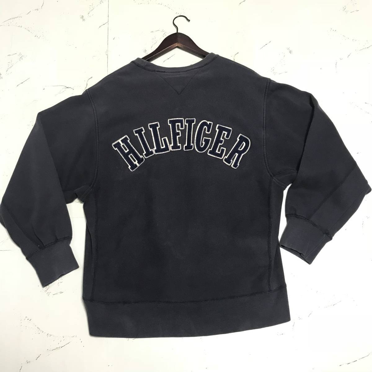 ★90's/TOMMY HILFIGER/トミーヒルフィガー★メンズ 両面 ロゴ デカロゴ スウェット 長袖 トレーナー ネイビー size L_画像2