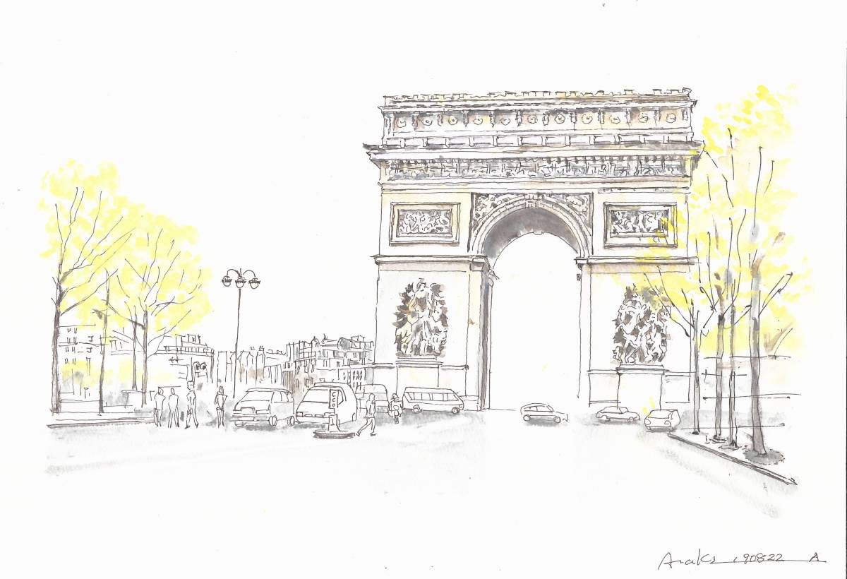 ヨーロッパの街並み フランス パリの凱旋門 F4画用紙 水彩画原画(自然 