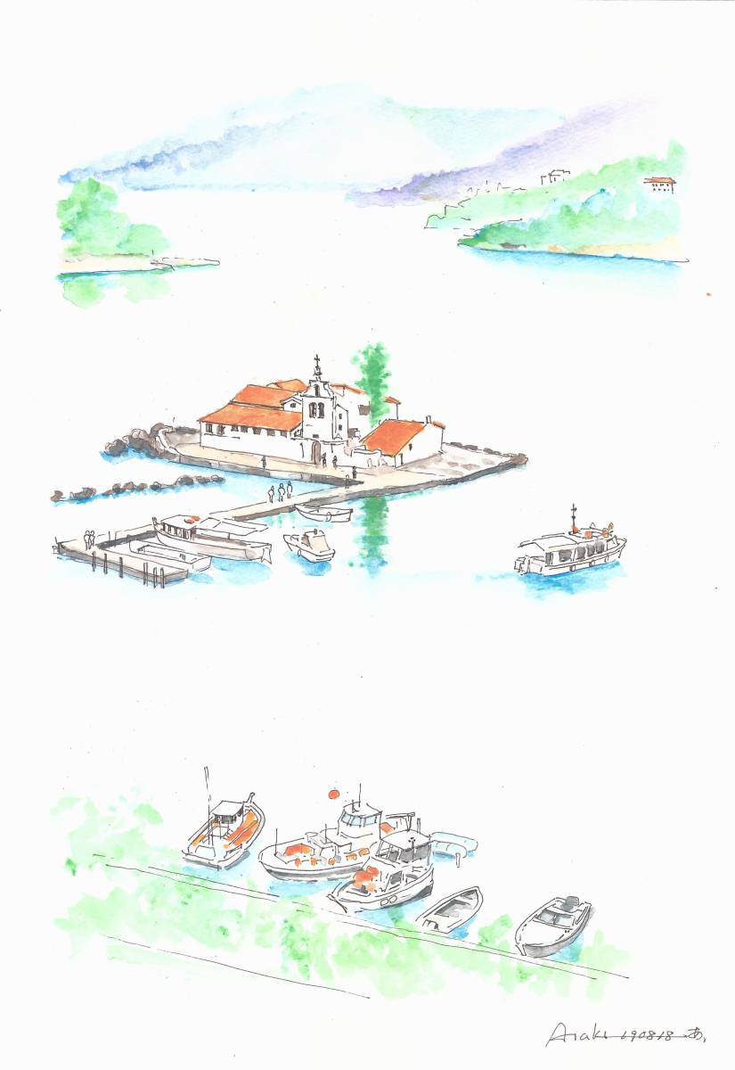  World Heritage. street average .* Greece *kerukila island. sea on ..*F4 drawing paper * watercolor painting original picture 