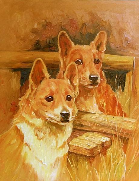 独特な店 模写油絵　Wardle「2匹のコーギー犬」　MA509　ユーラシアアート 動物画