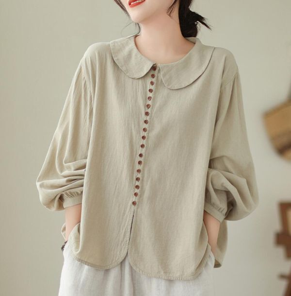  autumn new goods * blouse casual long sleeve tops commuting simple on goods adult pretty office large size clean . cotton flax tunic * khaki 