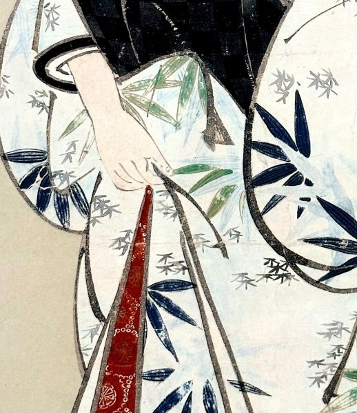 宮川長春 絖本:美人画 浮世絵 掛軸 印刷工芸】宮川長春 画 川上不白 賛「美人画」掛軸 人物画