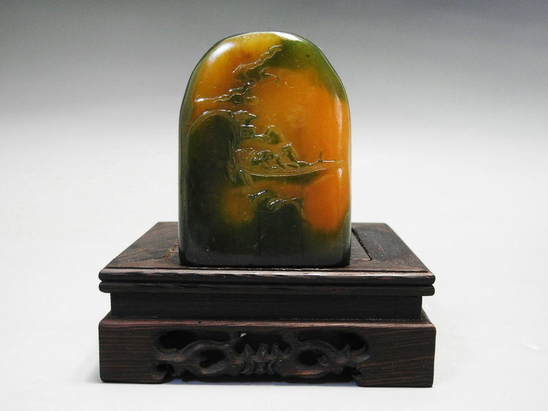 多寶屋】XP1426□中国美術 田黄石彫刻山水人物紋印材・置物 極品□-