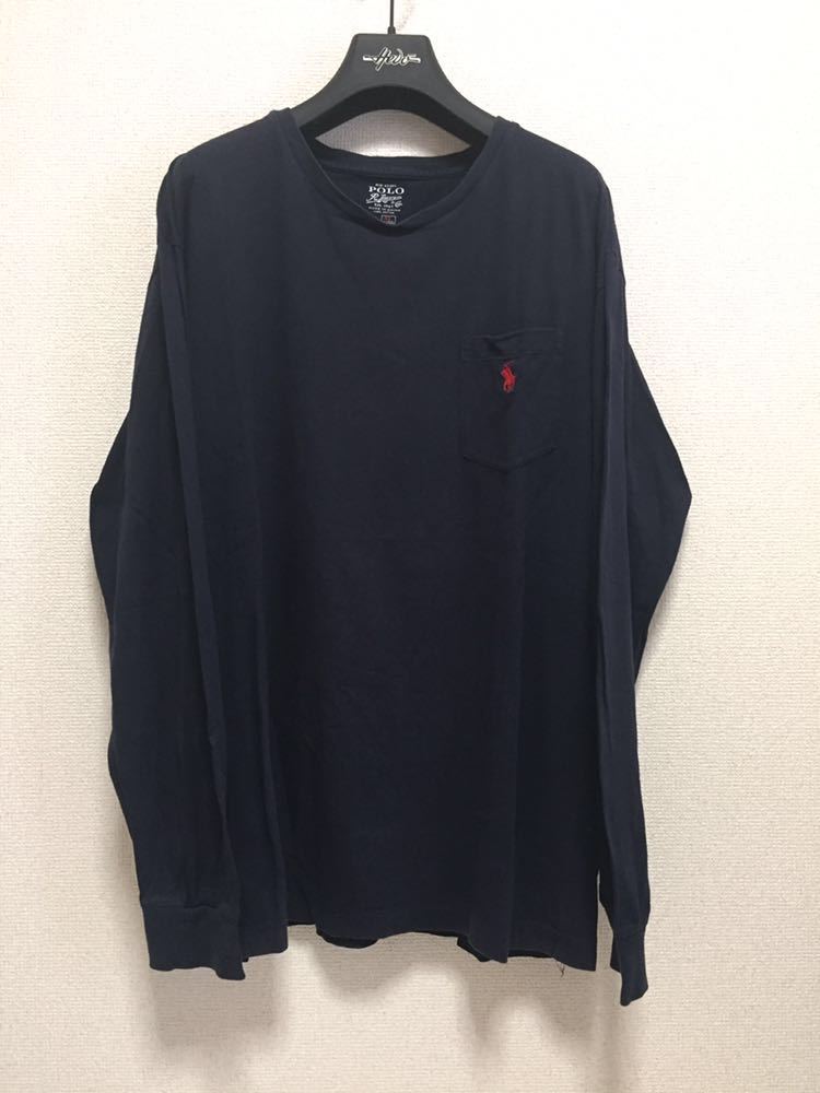 USA古着 POLO Ralph Lauren ポロラルフローレン 長袖Tシャツ ポケT ロンT ワンポイント ネイビー 紺 XL_画像1