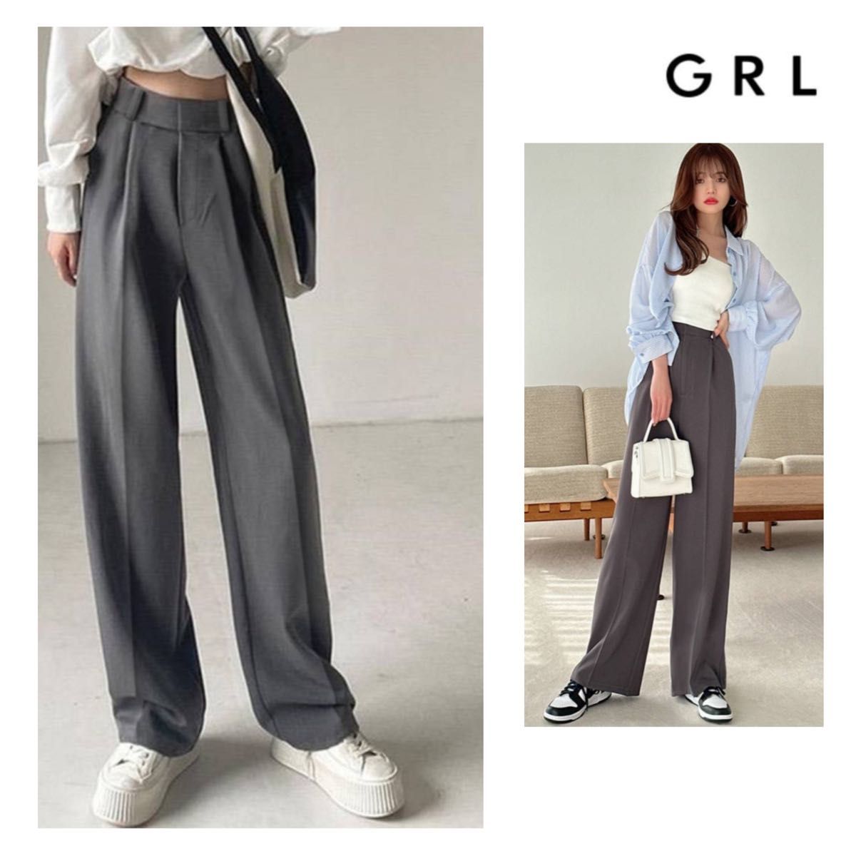 GRL センタープレスワイドタックロングパンツ グレー Lサイズ GRL センタープレスワイドタックロングパンツ グレー Lサイズ
