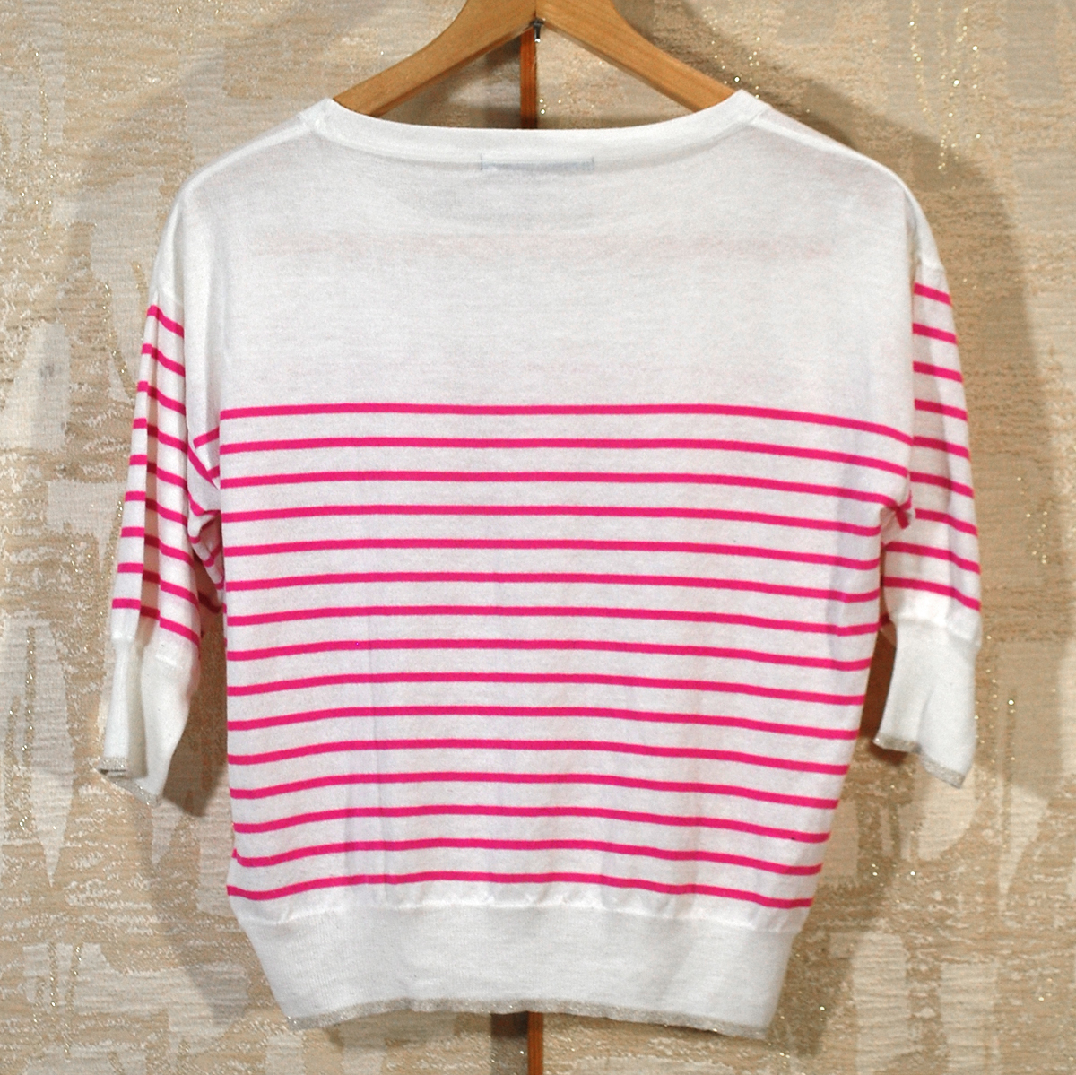 【美品】ナチュラルコーデ シンプル 7分袖 ピンク ボーダーカットソー Tシャツ
