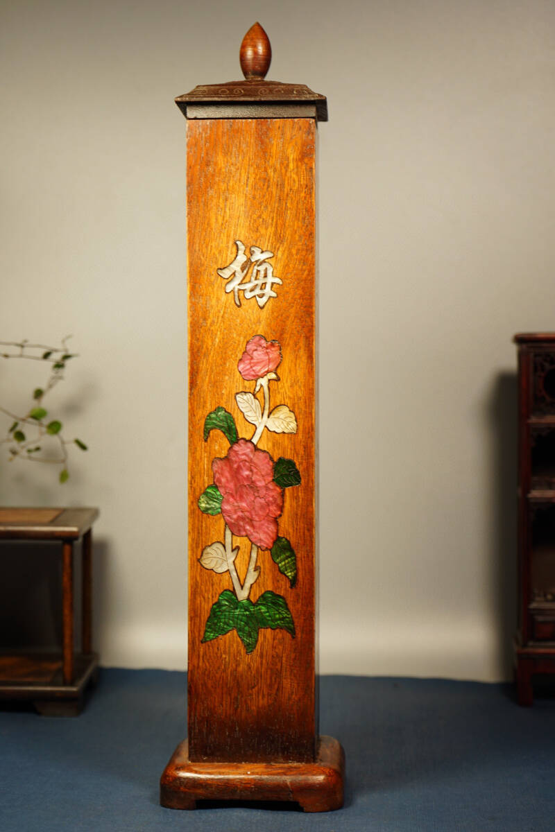 清・花梨木彫・貝殼嵌・梅蘭竹菊紋・香筒・置物・賞物』極細 清・花梨木彫・貝殼嵌・梅蘭竹菊紋・香筒・置物・賞物』極細