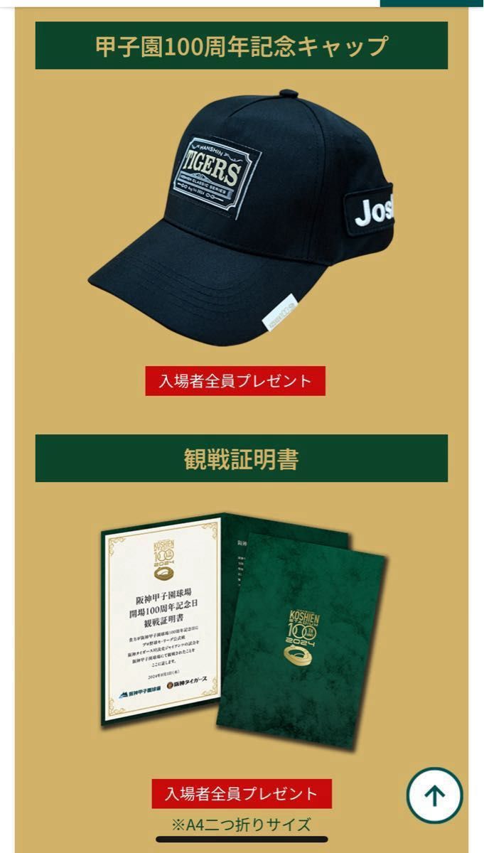 新到着 甲子園100周年記念キャップ 観戦証明書 セット 阪神タイガース 帽子 8月1日 記念グッズ