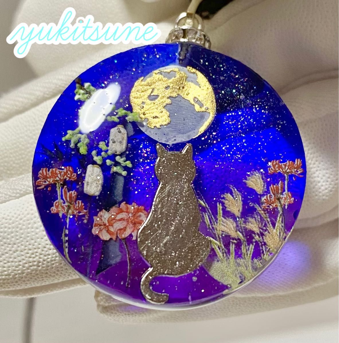 No 173】ハンドメイド 中秋の月 和柄 和風 猫 アクセサリー No 173】ハンドメイド 中秋の月 和柄 和風 猫 アクセサリー
