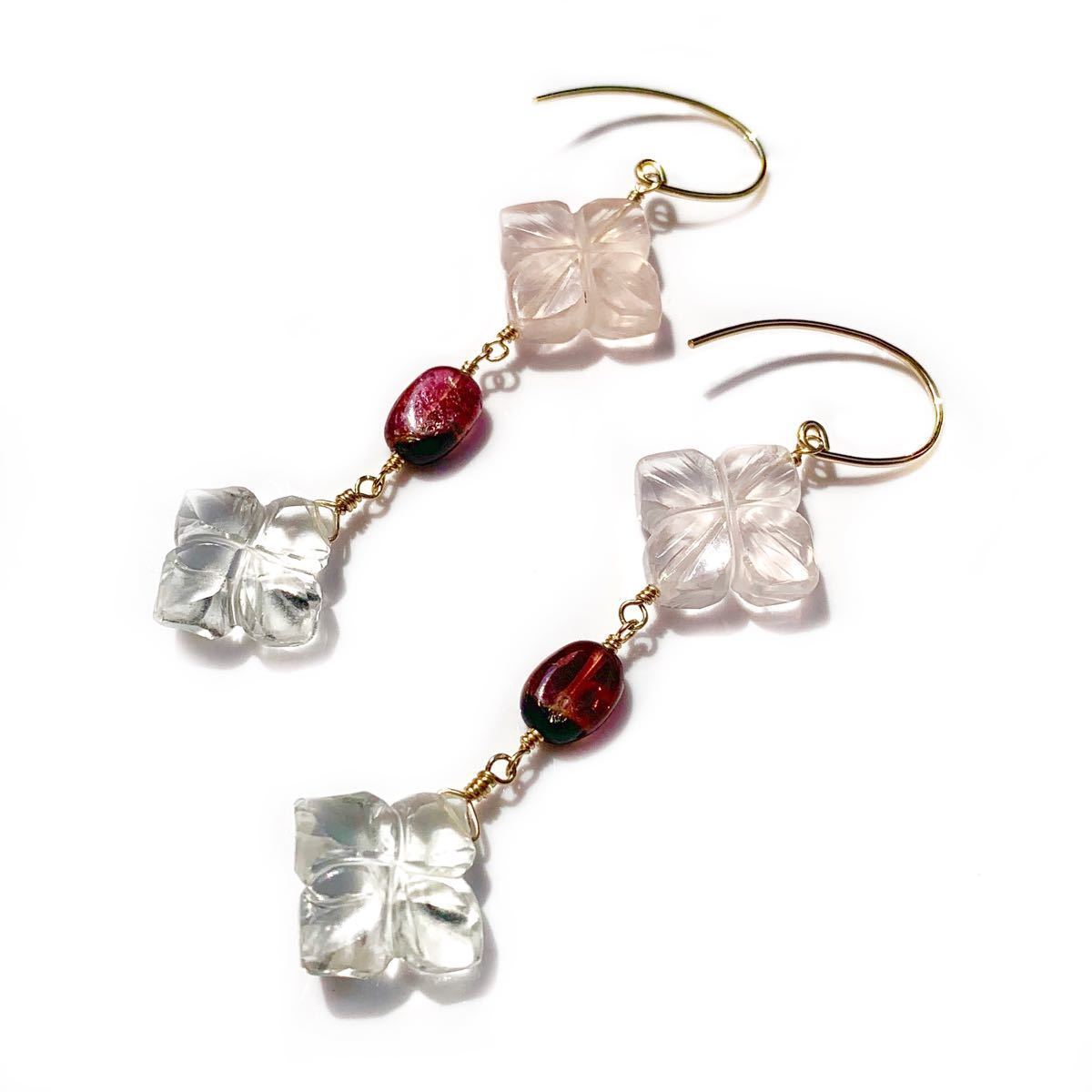 [SALE] gem quality AAA. flower crystal . rose quarts . tourmaline. earrings natural stone k14gf