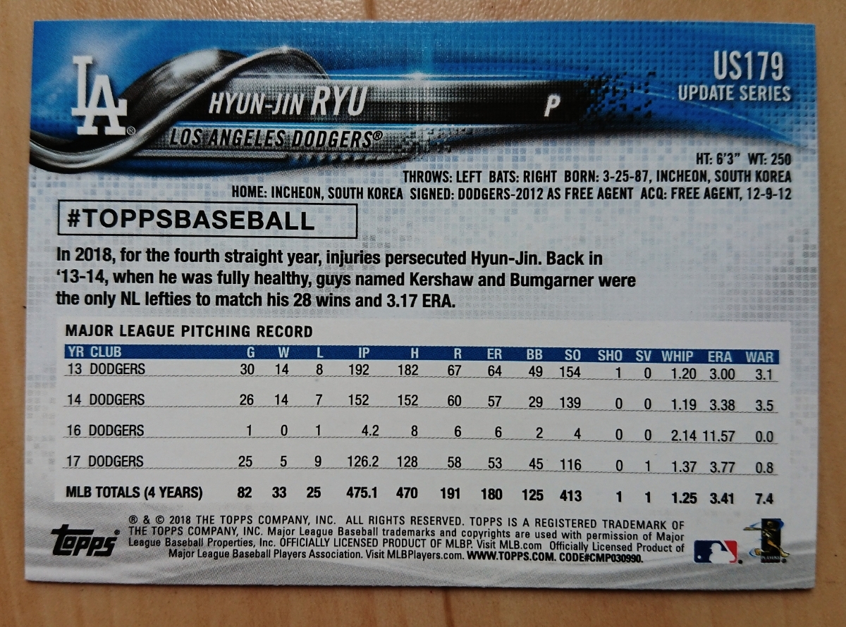 ★HYUN JIN RYU TOPPS 2018 UPDATE #US179 MLB メジャーリーグ 韓国 LOS ANGELES DODGERS LA ドジャース ヒュン ジン リュウ_画像2