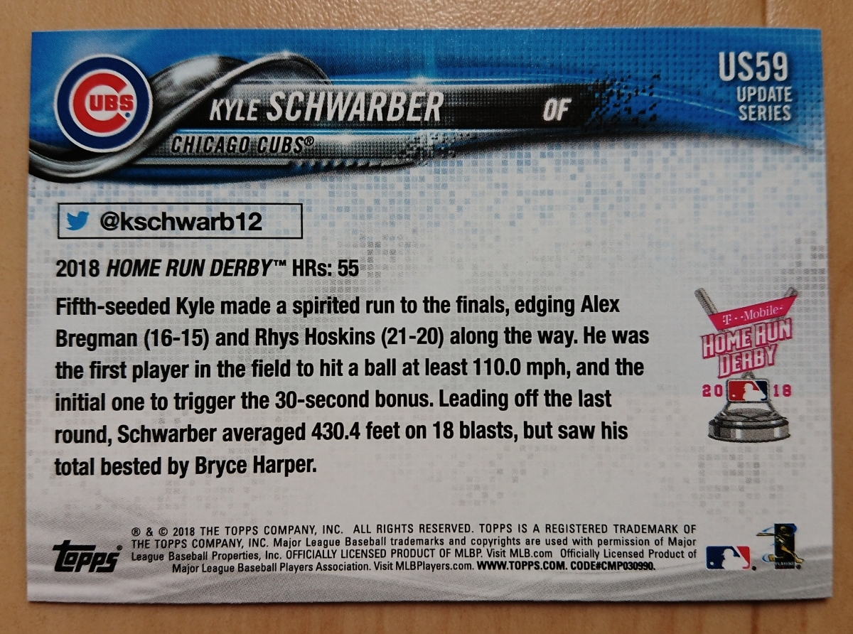 ★KYLE SCHWARBER TOPPS 2018 UPDATE #US59 MLB メジャーリーグ カイル シュワーバー CHICAGO CUBS シカゴ カブス HOME RUN DERBY_画像2