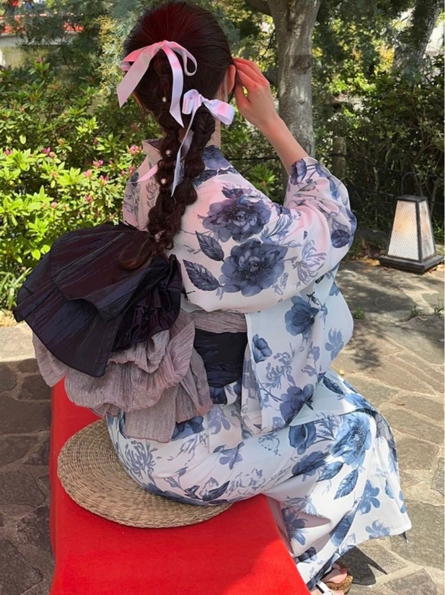 水彩花柄浴衣セット[gi1519] ブルー 紺色 ホワイト 兵児帯 大人