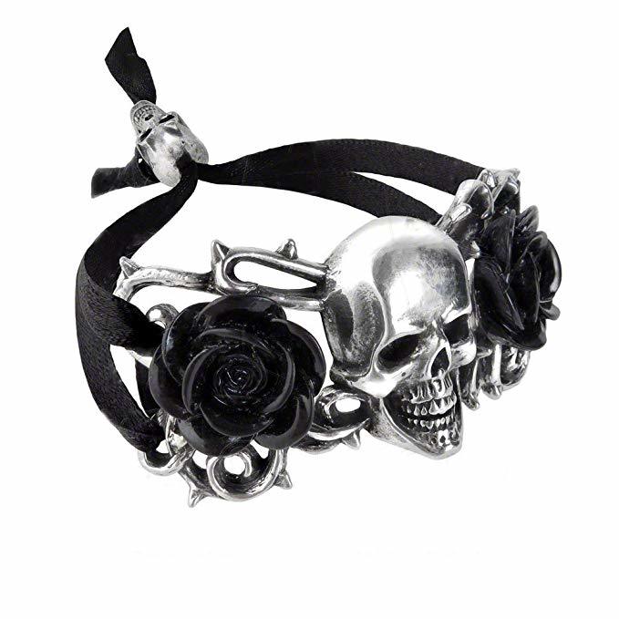 新品 アルケミーゴシック Skull & Briar Rose ドクロ 黒薔薇 ローズ 黒紐 リボン留め ブレスレット_画像1