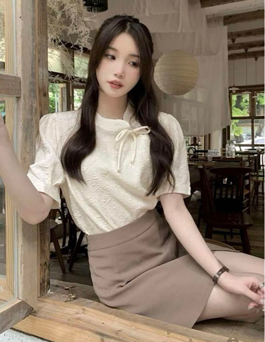 SHEIN パフスリーブ チャイナ ブラウス ホワイト リボン SHEIN パフスリーブ チャイナ ブラウス ホワイト リボン