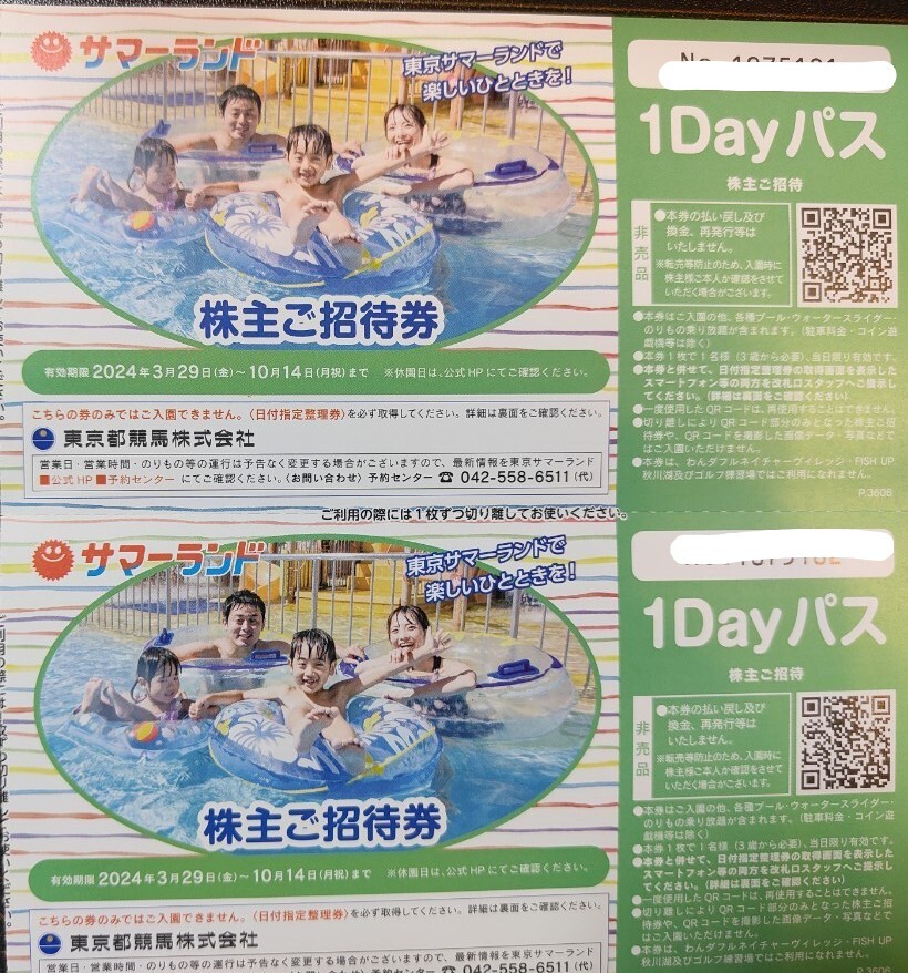 東京サマーランド 株主ご招待券2枚セット　1Dayフリーパス　8月使用可　送料無料　即日発送　プール　遊園地