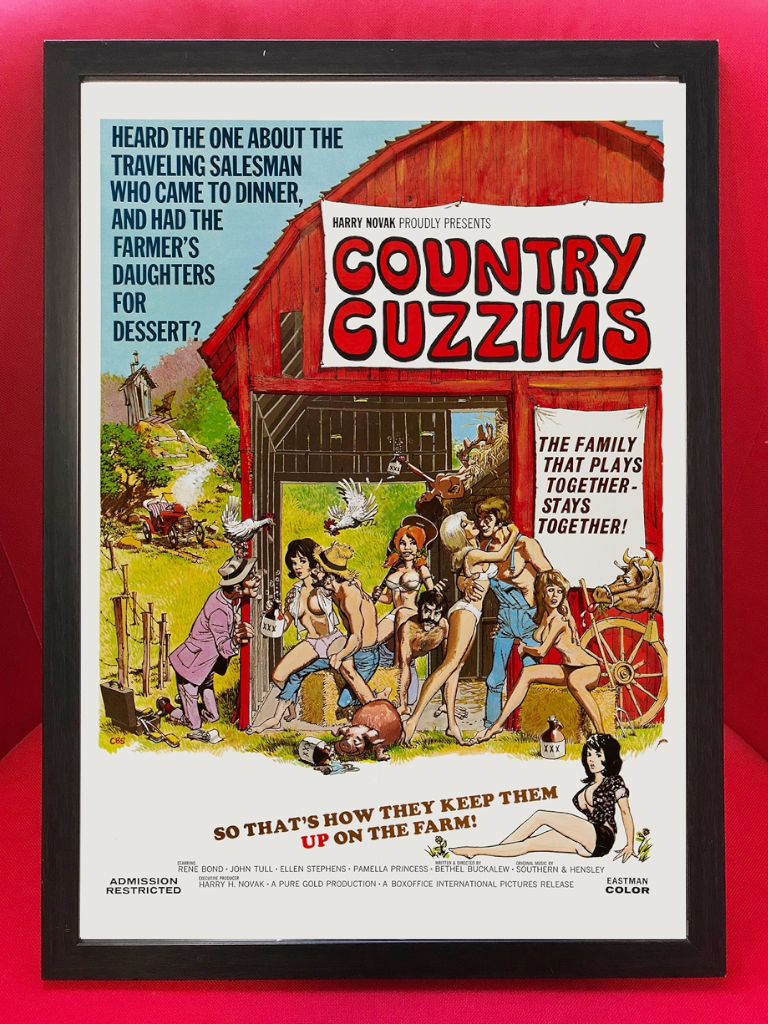 70'sポスター★B級エロティック・アメリカ映画『Country Cuzzins』レアポスター★エロティックコメディ_額装イメージ（額は付属しません）