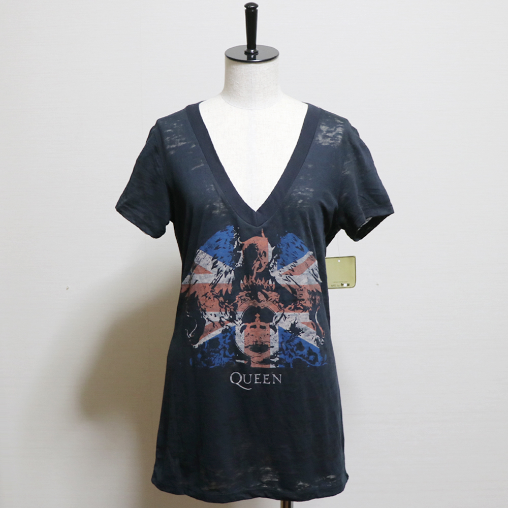 新品アメリカ購入デッドストック品 QUEENクイーン バンドＴ まだら加工 VネックTシャツ 黒L_画像1