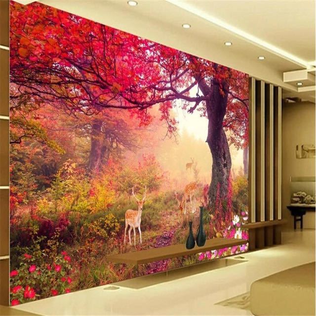 Beibehang 大型カスタム壁紙紅葉鹿 3D テレビベッドルームのリビングルームの背景の壁 papel デ parede パラサラエスター_画像1