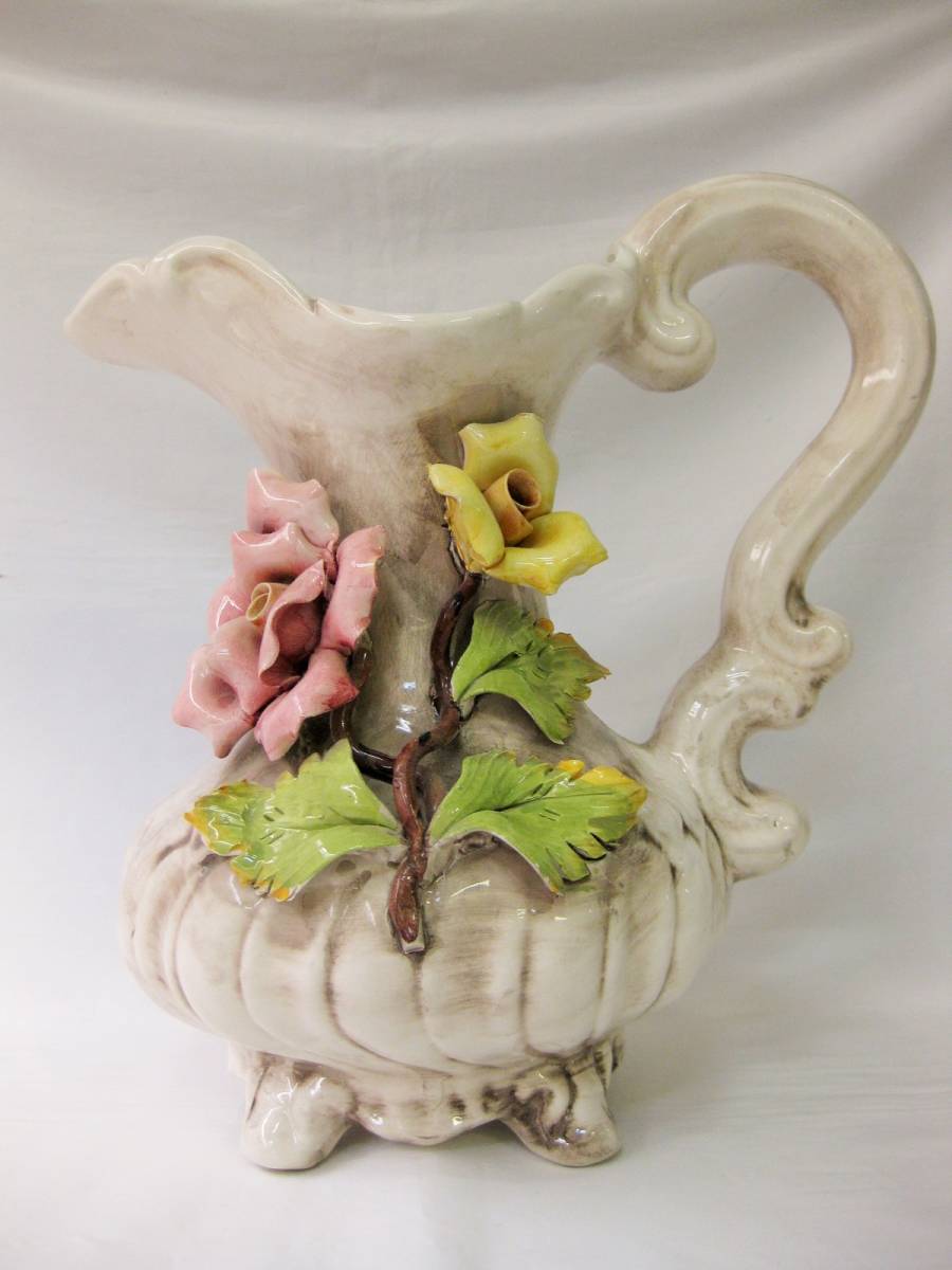 IK 【即決あり】イタリア製 大型 花瓶 取っ手つき カポディモンテ フラワーベース 陶器 花器 置物 オブジェ _画像1
