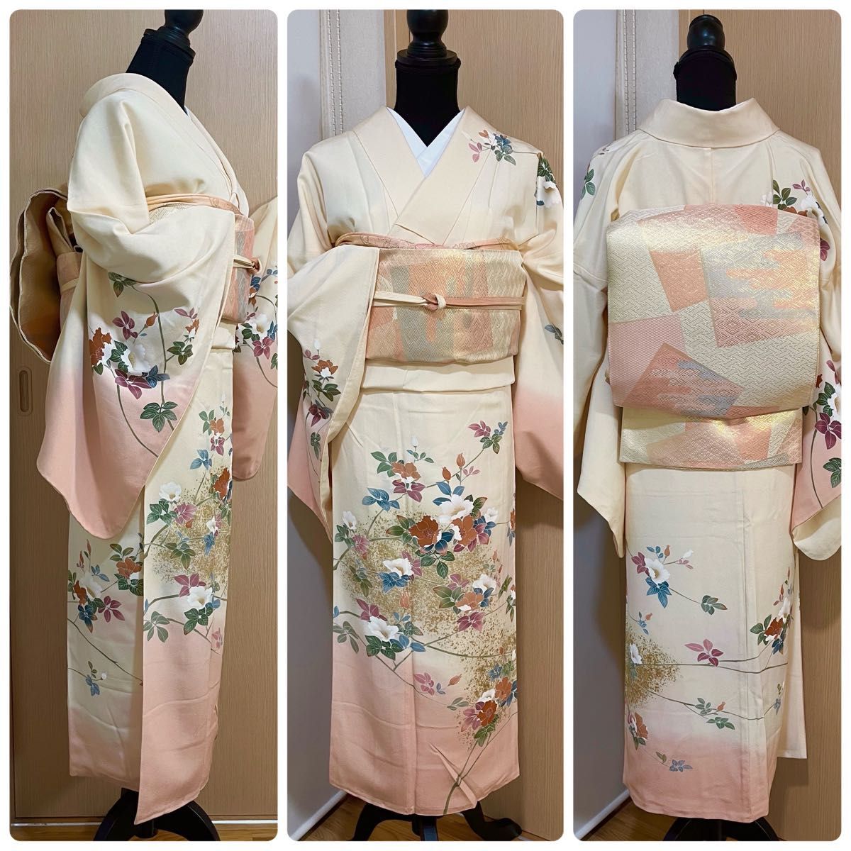 訪問着+帯+帯揚げ+帯締めの4点フルセット イエロー クリーム色 訪問着+帯+帯揚げ+帯締めの4点フルセット イエロー クリーム色
