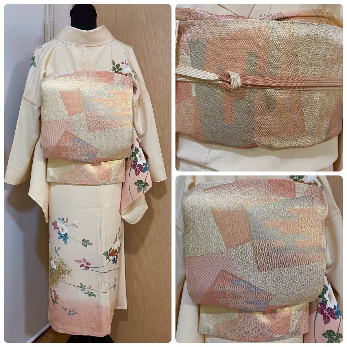 訪問着+帯+帯揚げ+帯締めの4点フルセット イエロー クリーム色 訪問着+帯+帯揚げ+帯締めの4点フルセット イエロー クリーム色