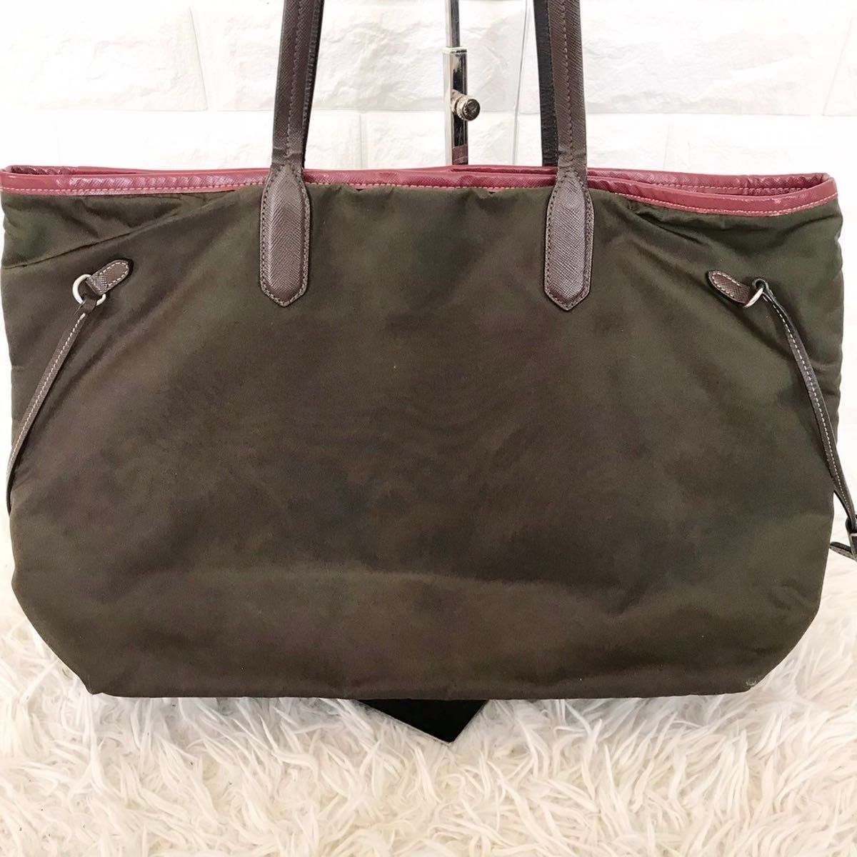 PRADA プラダ トートバッグ ナイロン レザー カーキ レッド 革 PRADA プラダ トートバッグ ナイロン レザー カーキ レッド 革