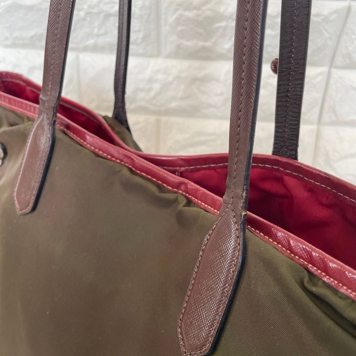 PRADA プラダ トートバッグ ナイロン レザー カーキ レッド 革 PRADA プラダ トートバッグ ナイロン レザー カーキ レッド 革