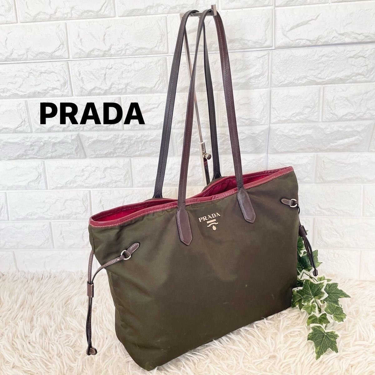 PRADA プラダ トートバッグ ナイロン レザー カーキ レッド 革 PRADA プラダ トートバッグ ナイロン レザー カーキ レッド 革