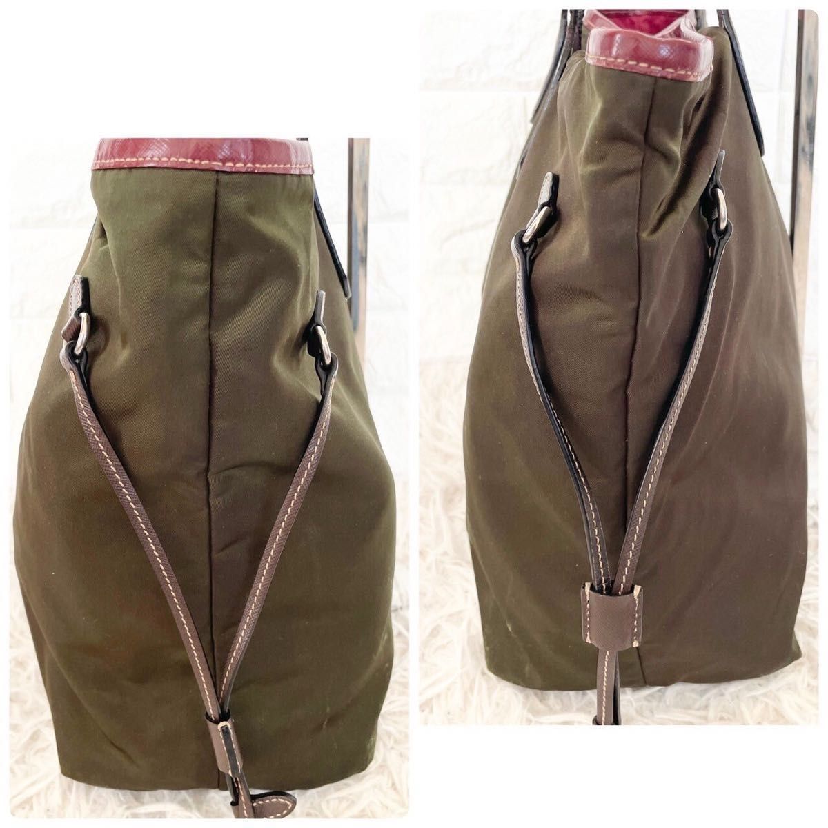 PRADA プラダ トートバッグ ナイロン レザー カーキ レッド 革 PRADA プラダ トートバッグ ナイロン レザー カーキ レッド 革