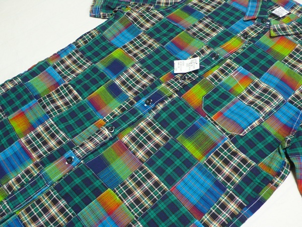 新品BackdropバックドロップVeniceNOMADS半袖パッチワークシャツS(36)緑Ｘ紺チェック日本製\9680_画像4