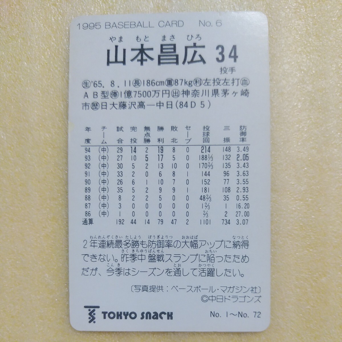  Tokyo снэки 1995 Calbee бейсбол карта N6 Yamamoto . широкий ( средний день )
