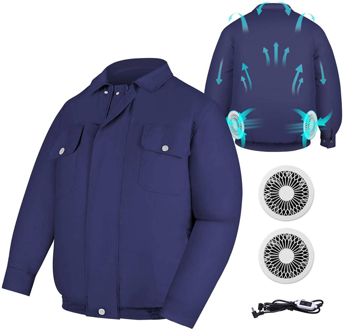 [ blue,XL] air conditioning work clothes . middle . measures electric fan long sleeve thin UV cut . sweat speed . low noise super light weight strong power ultra-violet rays measures USB cable site construction work 