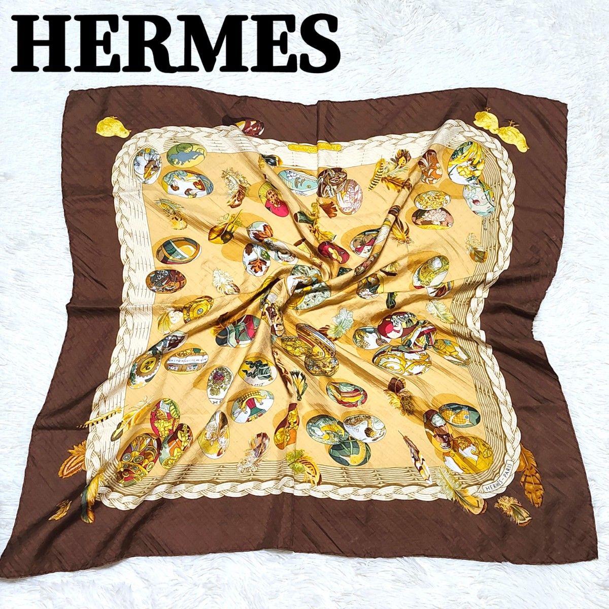 HERMES スカーフ シルク 大判 カレ エルメスの卵 ブラウン HERMES スカーフ シルク 大判 カレ エルメスの卵 ブラウン