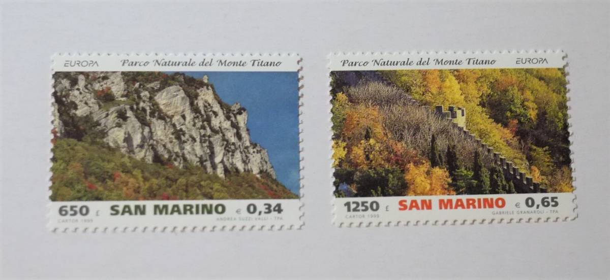 サンマリノ切手　風景２種　ティターノ山、城府　ヨーロッパスタンプ　1999年_画像1