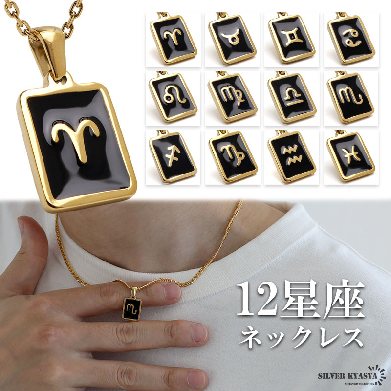 12星座ネックレス ゴールド ブラック メンズ ステンレス 18KGP ダブル喜平 アレルギー対応 (K-みずがめ座、45cm)