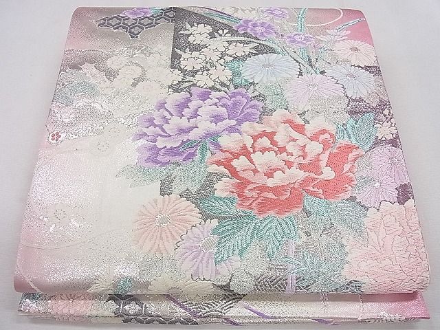 平和屋1◎六通柄袋帯　草花文　銀糸　逸品　CAAF4347ou