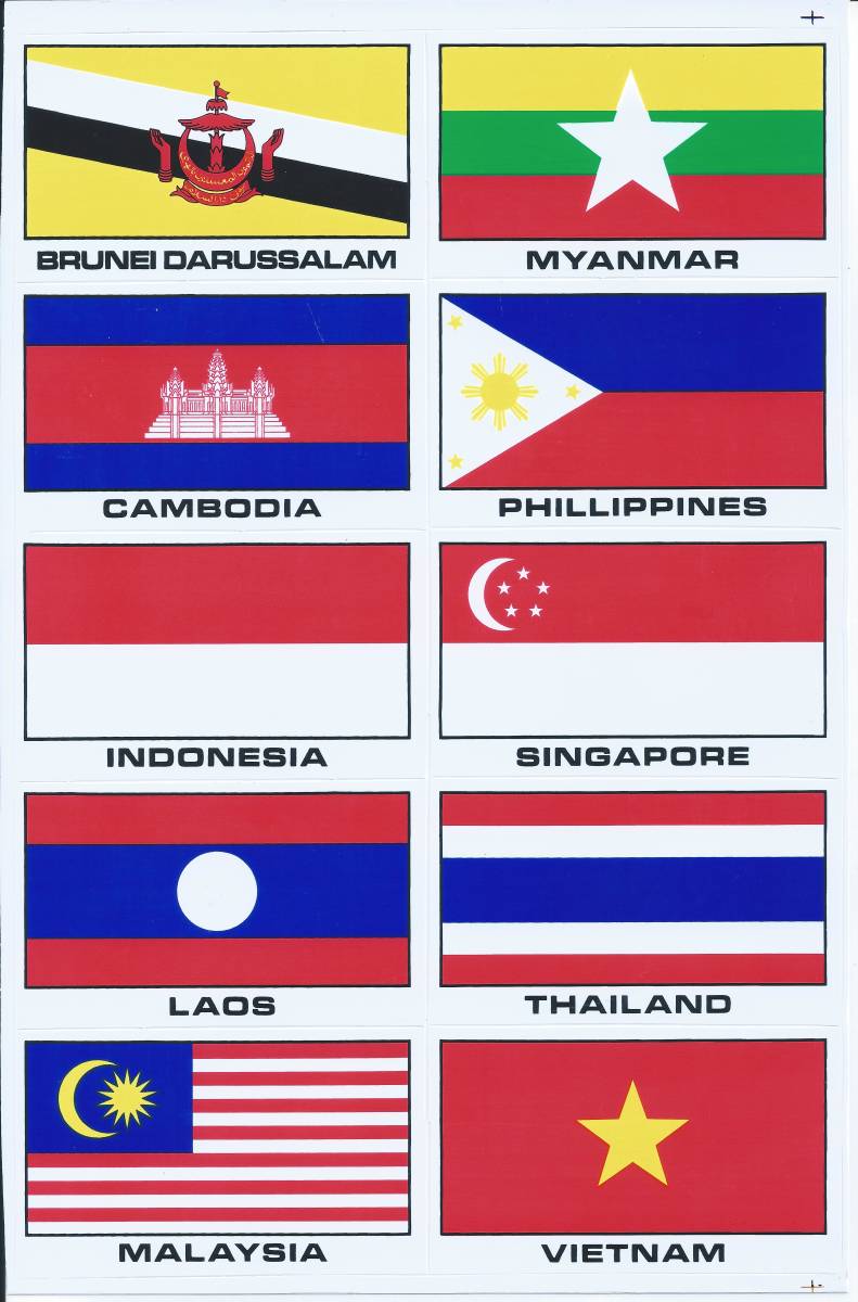 *送料無料 防水 PVC製 アセアン 国旗 ステッカー セット 東南アジア諸国連合 ナショナル フラッグ 屋内外 兼用 TS-119_画像1