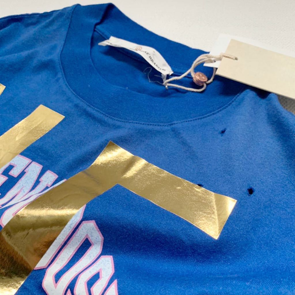 新品 ゴールデングース GOLDEN GOOSE ヴィンテージ加工 ダブルプリント ロゴ Tシャツ XS レディース ブルー ゴールドの画像5