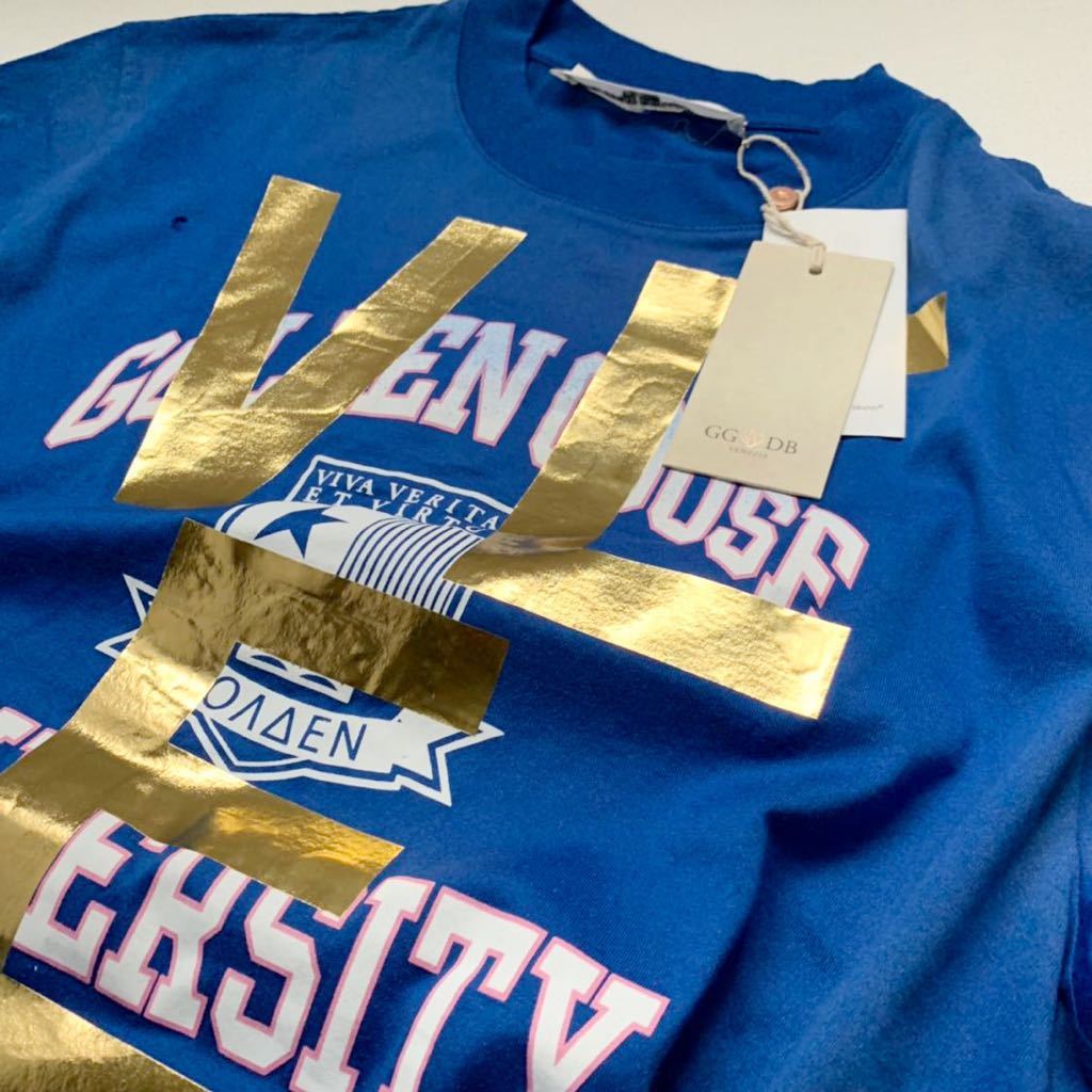 新品 ゴールデングース GOLDEN GOOSE ヴィンテージ加工 ダブルプリント ロゴ Tシャツ XS レディース ブルー ゴールドの画像3