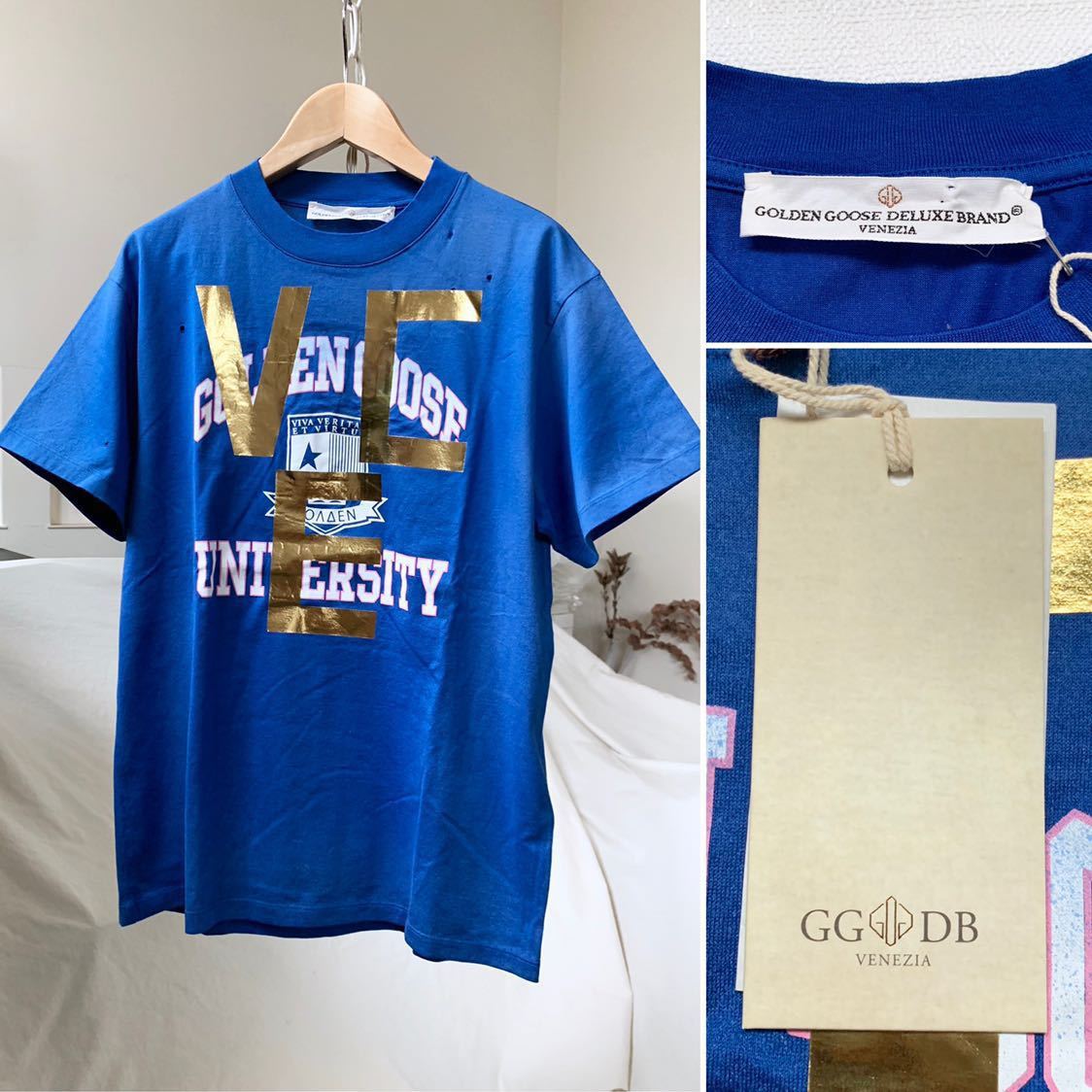新品 ゴールデングース GOLDEN GOOSE ヴィンテージ加工 ダブルプリント ロゴ Tシャツ XS レディース ブルー ゴールド 2018AW