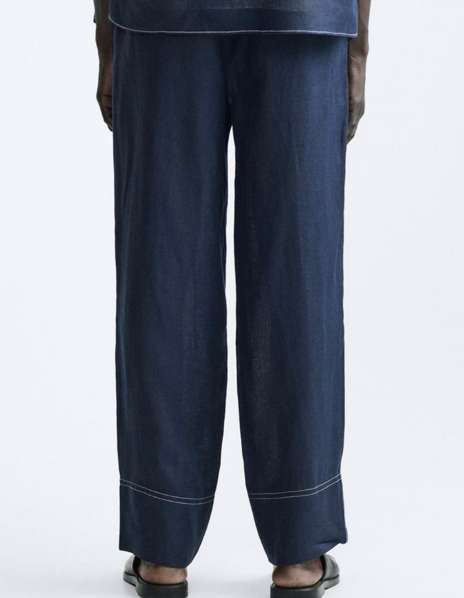 ☆ドイツ発*ZARA*新作*トップスティッチストレートパンツ/NAVY☆ ZARA トップステッチリネンパンツ JP34|Yahoo!フリマ(旧PayPay