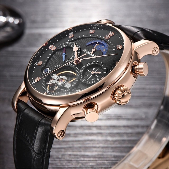 [ free shipping ] men's wristwatch machine toe ruby yon high class fashion brand leather man sport wristwatch men's automatic wristwatch rero geo Mas Black