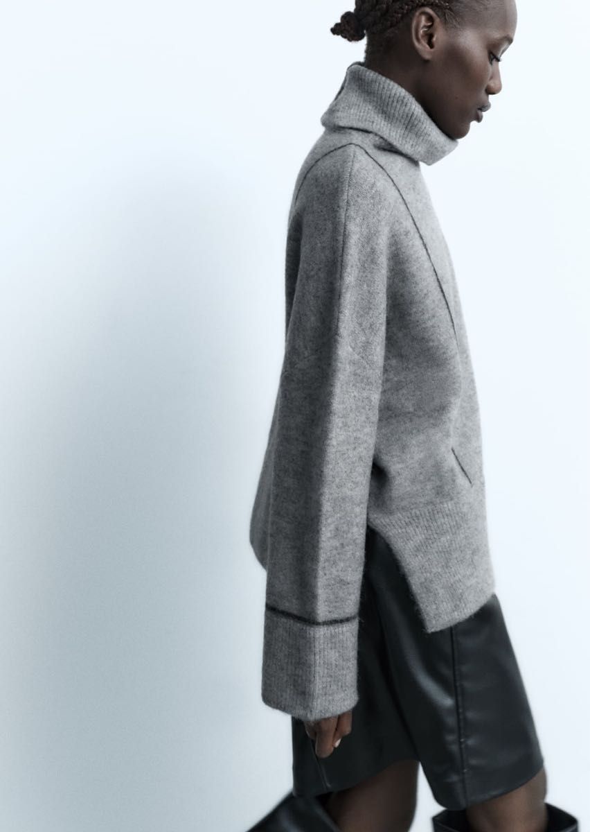 zara womanトリム付きニットセーター グレー ライン ステッチ zara womanトリム付きニットセーター グレー ライン ステッチ