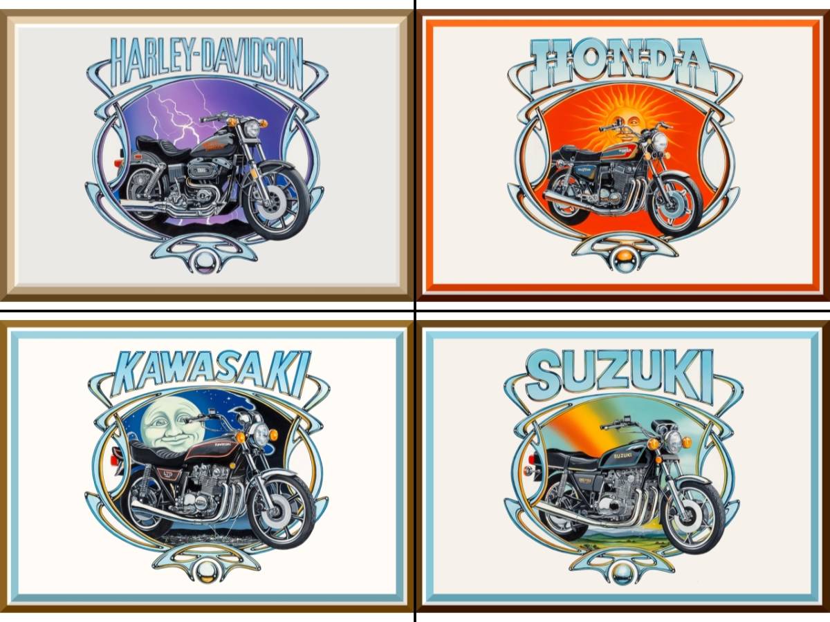 送料無料！★David Mann 70年代バイクアートポスター4枚セット『Suzuki GS750/Honda CB750/HD FXS 1200/Kawasaki Z1000 LTD』 