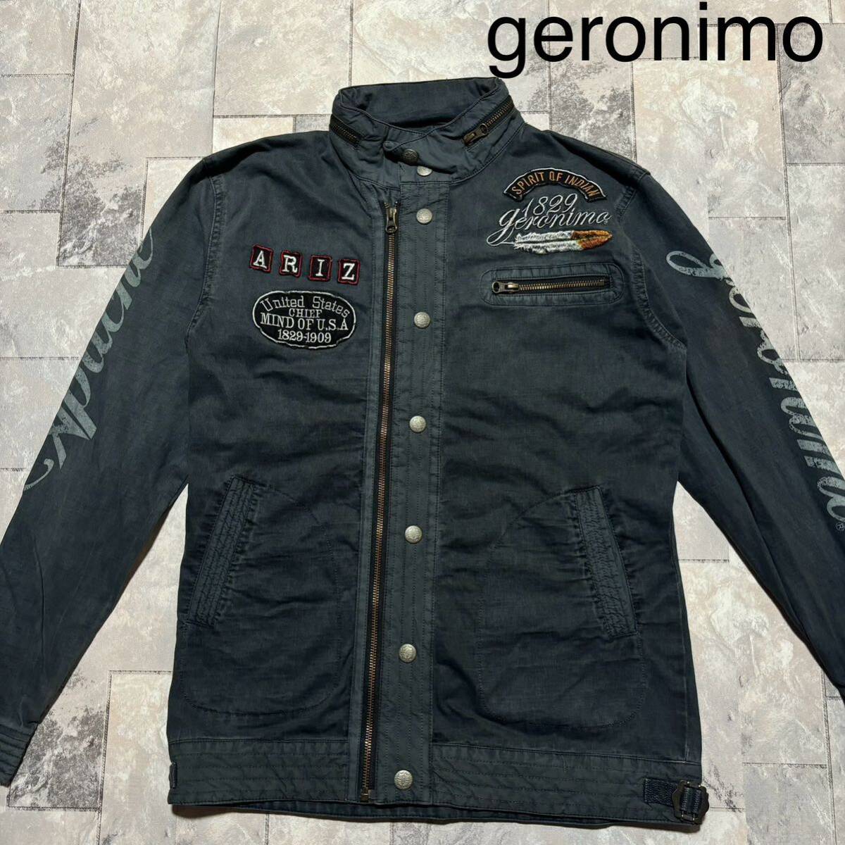 geronimo ジェロニモ ライダースジャケット シングル コットン 刺繍 プリントアメカジ ネイティブ インディアン ネイビー サイズL 玉FS1475