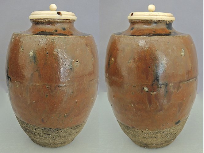 瀬戸茶入 銘苔香 鵬云斎外箱 古瀬戸 仕覆2點 挽家 挽家袋 御物袋 made in Japan 茶道具 里千家 骨董